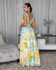 Colorful Print Deep V Neck Maxi Dress XHXF-487