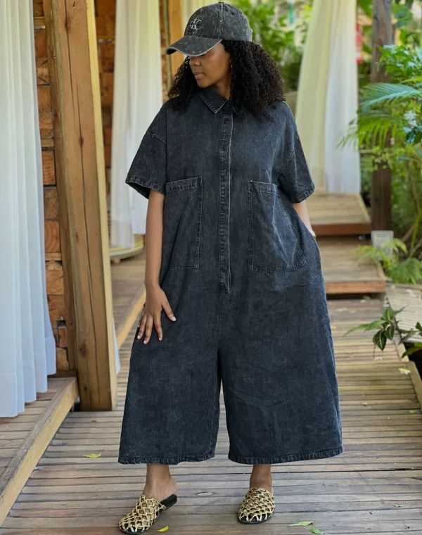 Short Sleeve Single Breated Button Denim Jumpsuit GAKF-60211