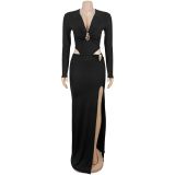 Sexy V Neck Solid Color Split Maxi Dress GFYX-7631