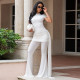 High Collar Ruched Solid Color 2 Piece Pants Set YF-11026