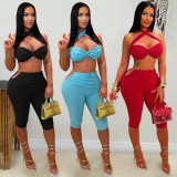 Solid Color Tie Up Two Piece Pants Set GFYX-7673