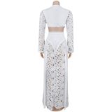 Mesh Lace Deep V Neck Split Bodysuit Long Skirt Suit GFYX-7707