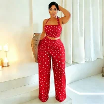 Polka Dot Print Tassel Two Piece Pants Set GFYX-7695