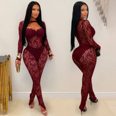 See Through Lace Long Sleeve Jumpsuit GFYX-7637