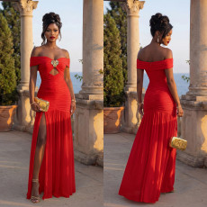 Off Shoulder Solid Color High Split Maxi Dress GFYX-7661