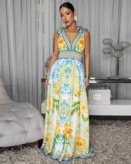 Colorful Print Deep V Neck Maxi Dress XHXF-487