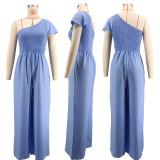 Solid Color Slash Shoulder Loose Jumpsuit XHXF-483