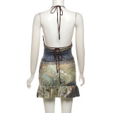 Halterneck Backless Print Two Piece Skirts Set XEF-K24S48837