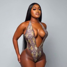 Deep V Neck Print Backless Bodysuit MXBF-J26BS204
