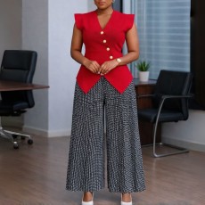 Plus Size Solid Color V Neck Tops Print Pants 2 Piece Set GATE-632
