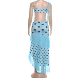 Polka Dots Print Sling Vest Ruffles Long Skirt Suit XEF-K6S09228A