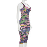 U-neck Painted Print Bodysuit Seventh Pants 2 Piece Set MXBF-J26ST195