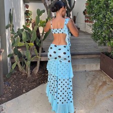 Polka Dots Print Sling Vest Ruffles Long Skirt Suit XEF-K6S09228A