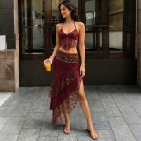 Sexy Halterneck Tassel Vest Long Skirt Suit XEF-K6S04936A