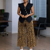 Plus Size Solid Color V Neck Tops Print Pants 2 Piece Set GATE-632
