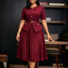 Plus Size Solid Color Patchwork Press Pleated Midi Dress GATE-633