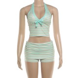 Stripe Halterneck V Neck Short Suit XEF-K6S08515A