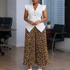 Plus Size Solid Color V Neck Tops Print Pants 2 Piece Set GATE-632