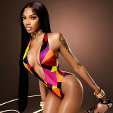 Deep V Neck Print Backless Bodysuit MXBF-J26BS204