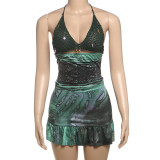 Halterneck Backless Print Two Piece Skirts Set XEF-K24S48837