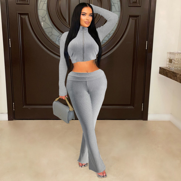 Long Sleeve Zipper Crop Top Two Piece Pants Set LS-0422