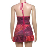 Halterneck Backless Print Two Piece Skirts Set XEF-K24S48837