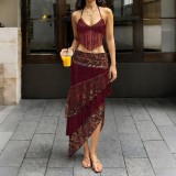 Sexy Halterneck Tassel Vest Long Skirt Suit XEF-K6S04936A