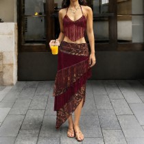 Sexy Halterneck Tassel Vest Long Skirt Suit XEF-K6S04936A