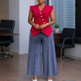 Plus Size Solid Color V Neck Tops Print Pants 2 Piece Set GATE-632