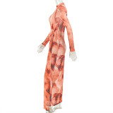 Color Block Print Long Sleeve Maxi Dress GJYO-JD305381