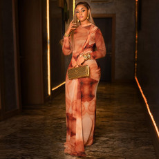 Color Block Print Long Sleeve Maxi Dress GJYO-JD305381