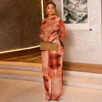 Color Block Print Long Sleeve Maxi Dress GJYO-JD305381