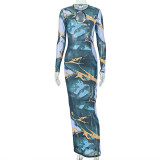 Long Sleeve Hollow Out Print Maxi Dress GJYO-JD305385