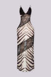 Lace See Through Patchwork Print Split Maxi Dress GTYZ-7615