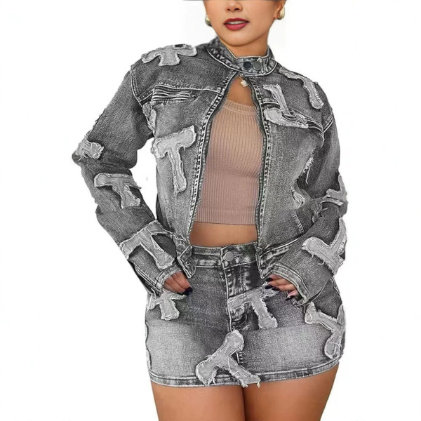 Denim Embroidered Jacket And Skirt Set YMEF-59110