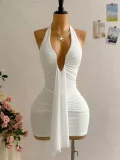 Deep V Neck Ruched Mini Dress GKYS-3045