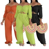 Solid Color Drawstring Top Wide Leg Pant Suit AIL-351