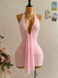 Deep V Neck Ruched Mini Dress GKYS-3045