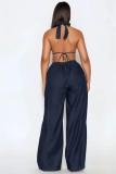 Denim Washed Halterneck Backless Jumpsuit LX-6078
