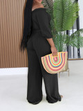 Solid Color Drawstring Top Wide Leg Pant Suit AIL-351