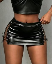 PU Leather Tie Up Mini Skirt GPBY-SK8431