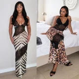 Lace See Through Patchwork Print Split Maxi Dress GTYZ-7615