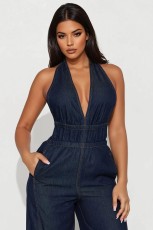 Denim Washed Halterneck Backless Jumpsuit LX-6078