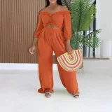 Solid Color Drawstring Top Wide Leg Pant Suit AIL-351