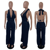 Denim Washed Halterneck Backless Jumpsuit LX-6078