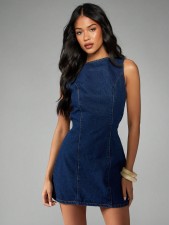 Sleeveless Zipper Denim Mini Dress LX-6203
