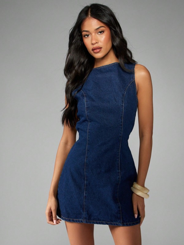 Sleeveless Zipper Denim Mini Dress LX-6203