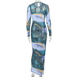 Long Sleeve Hollow Out Print Maxi Dress GJYO-JD305385
