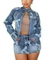 Denim Embroidered Jacket And Skirt Set YMEF-59110