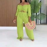 Solid Color Drawstring Top Wide Leg Pant Suit AIL-351